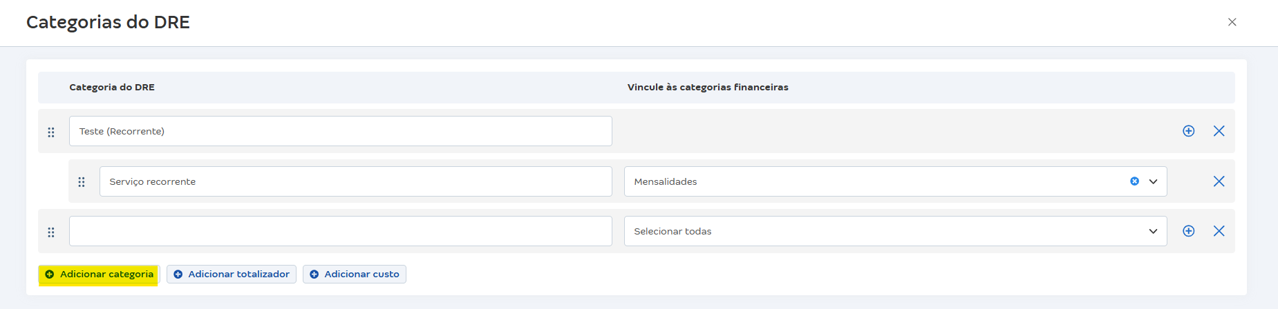 Tela de Categoria da DRE com destaque para o botão adicionar categoria.