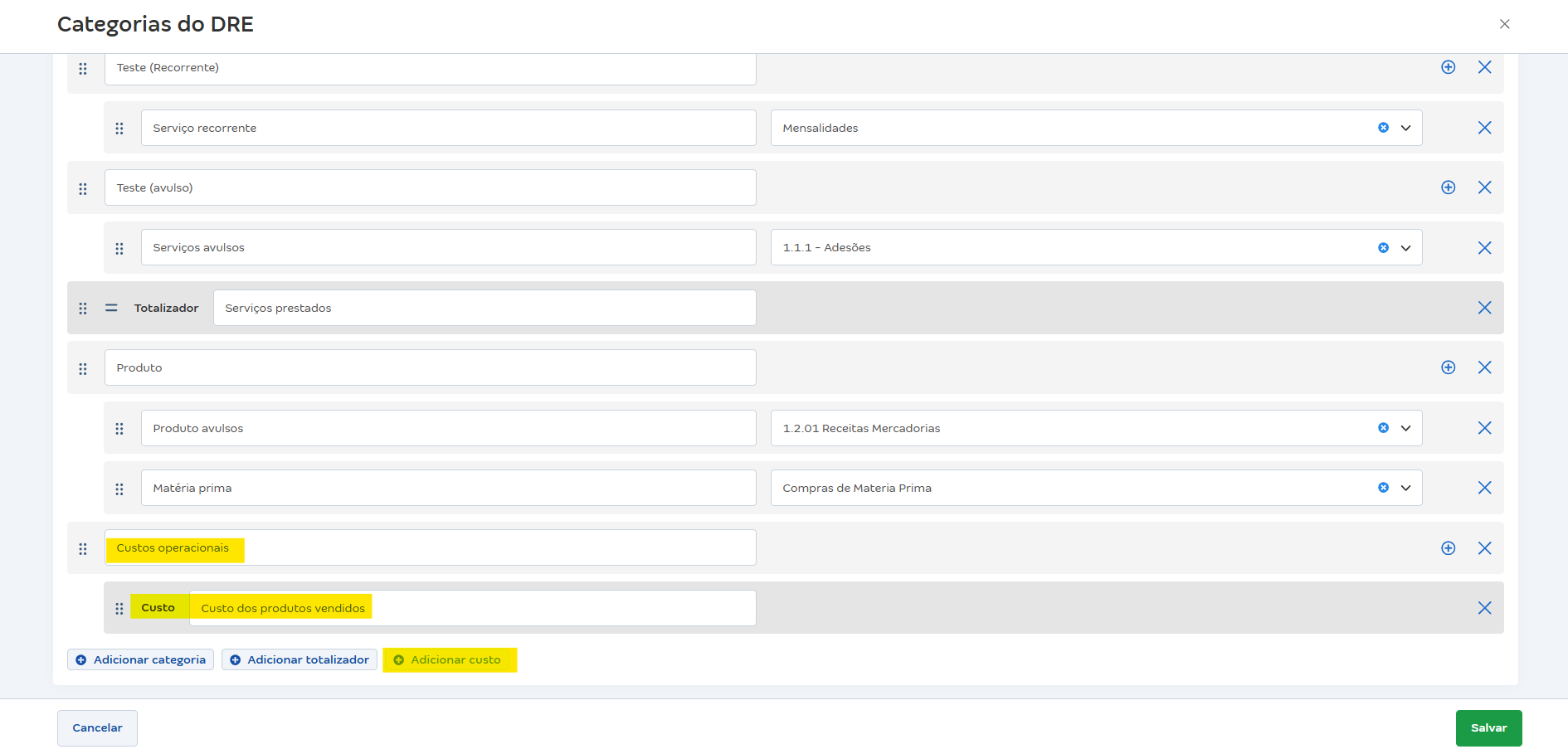 Tela de Categoria da DRE com destaque para o botão adicionar Custo.
