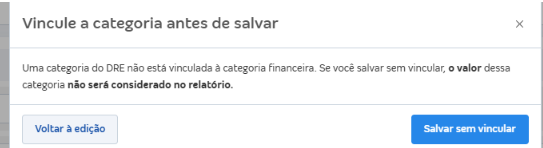 Mensagem de alerta: vincule a categoria antes de salvar.