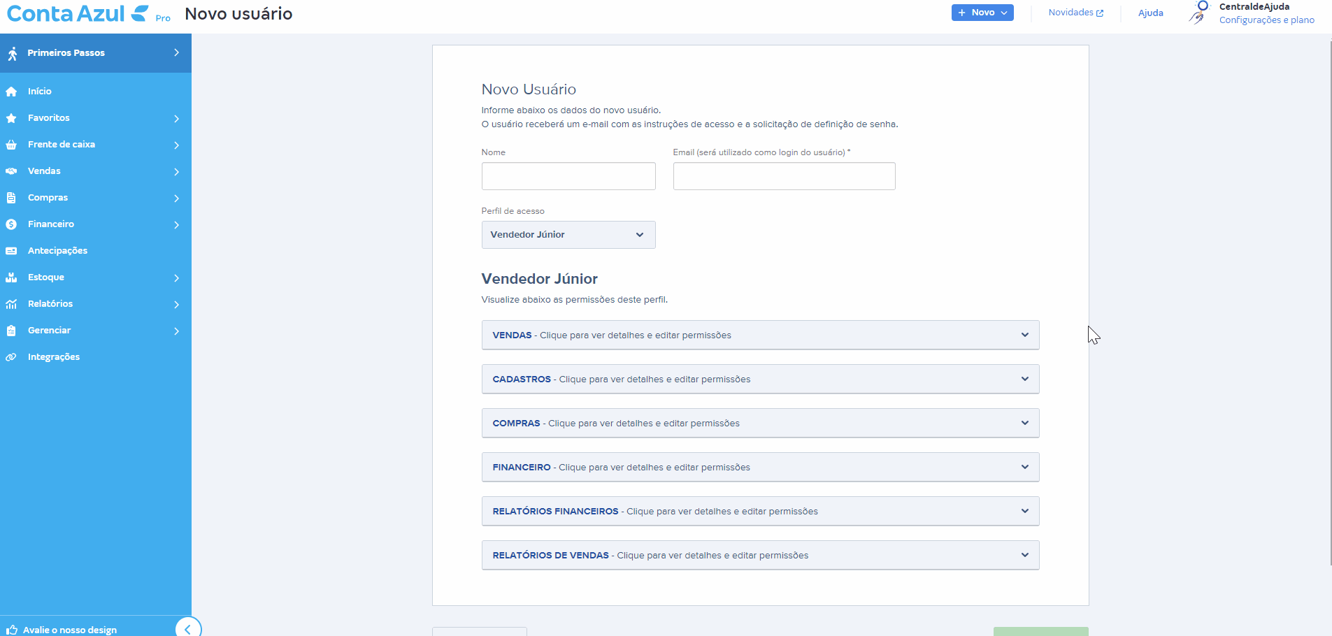 Passo a passo para visualizar a permissão padrão do usuário Vendedor Júnior.