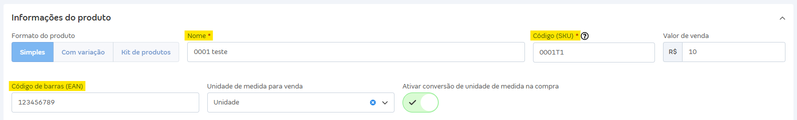 Tela de cadastro do produto com destaque para os campos nome, SKU e EAN.