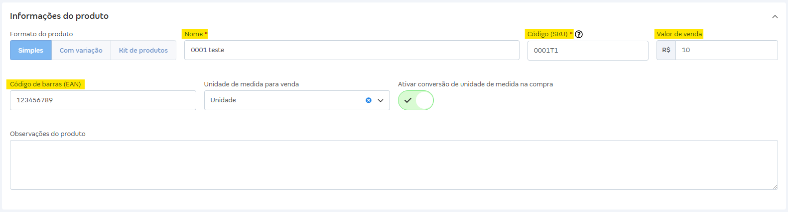 Tela de cadastro do produto com destaque para os campos nome, SKU, preço e EAN.