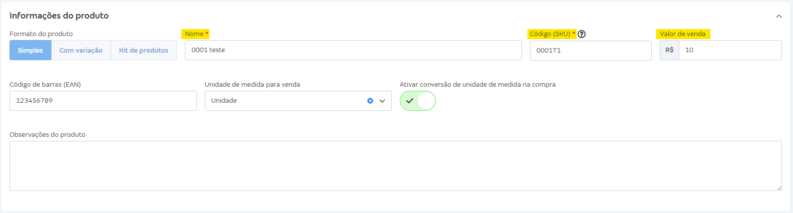 Tela de cadastro do produto com destaque para os campos nome, SKU e preço.