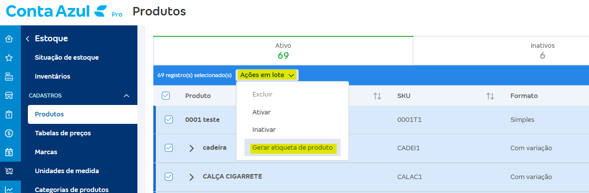 Tela de produto com destaque para Ações em lote e Gerar etiqueta de produto.