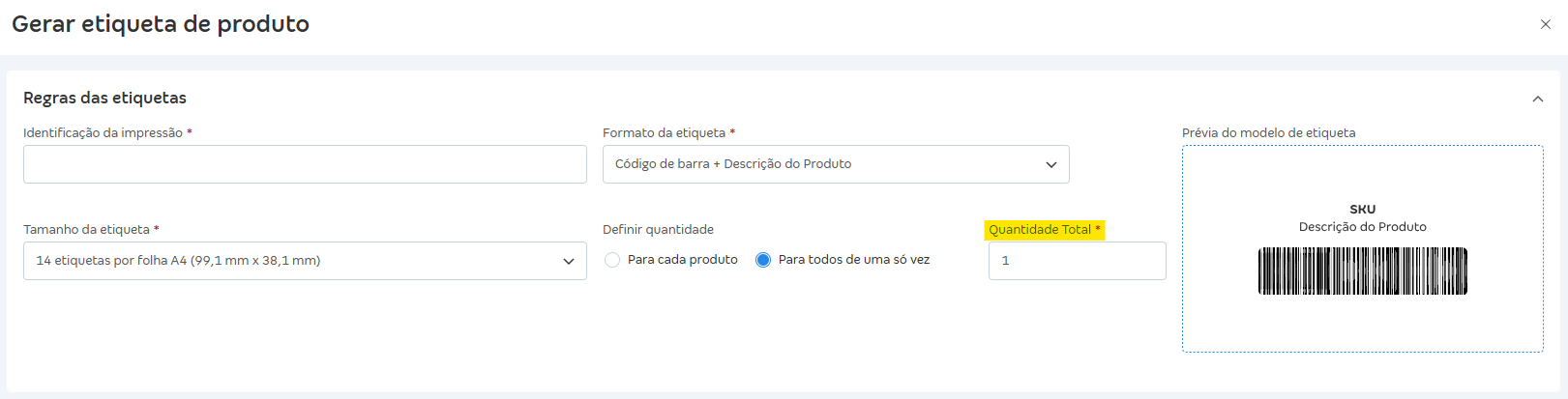 Tela de produto com destaque para gerar etiqueta de produto em lote — quantidade total.