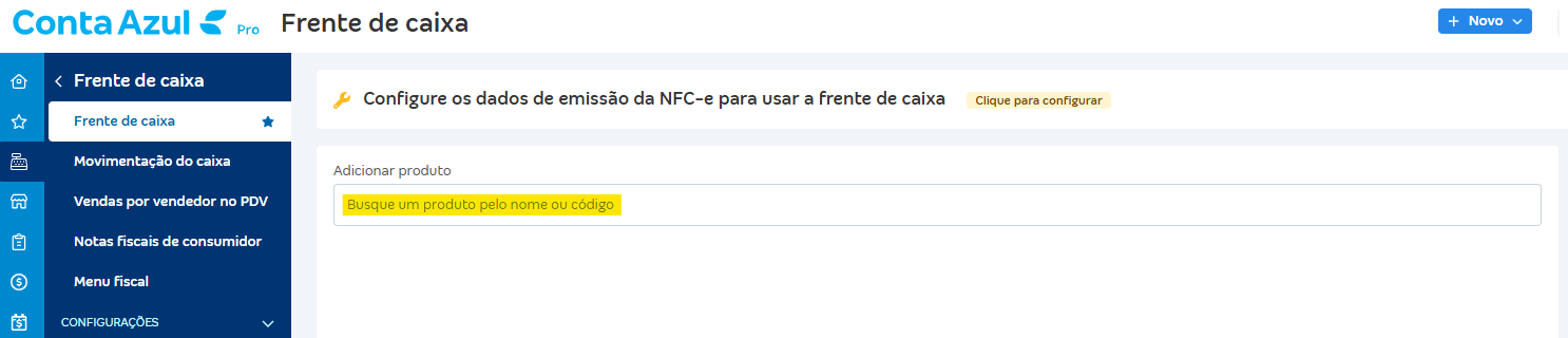 Tela de Frente de caixa com destaque para o campo Adicionar produtos.