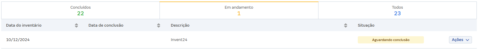 Tela de lista de inventários com destaque para a situação Aguardando conclusão.