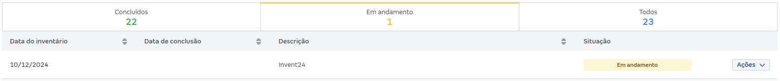 Tela de lista de inventários com destaque para a situação Em andamento.