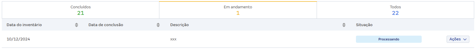 Tela de lista de inventários com destaque para a situação Processando.