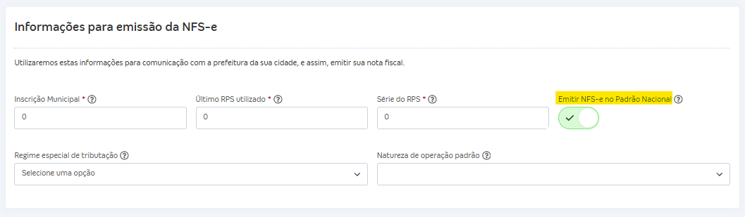 Tela de configuração de nota com destaque para o campo Emitir NFS-e no Padrão Nacional.