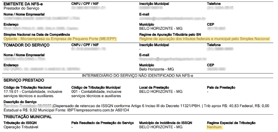 Tela do Portal Nacional com informações tributárias para ME/EPP optante do Simples Nacional.