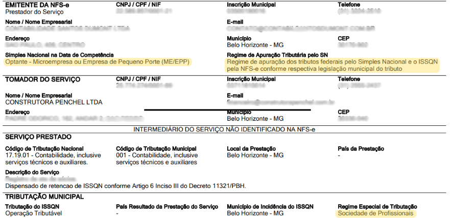 Tela do Portal Nacional com informações tributárias para Sociedade de Profissionais optante do Simples Nacional.
