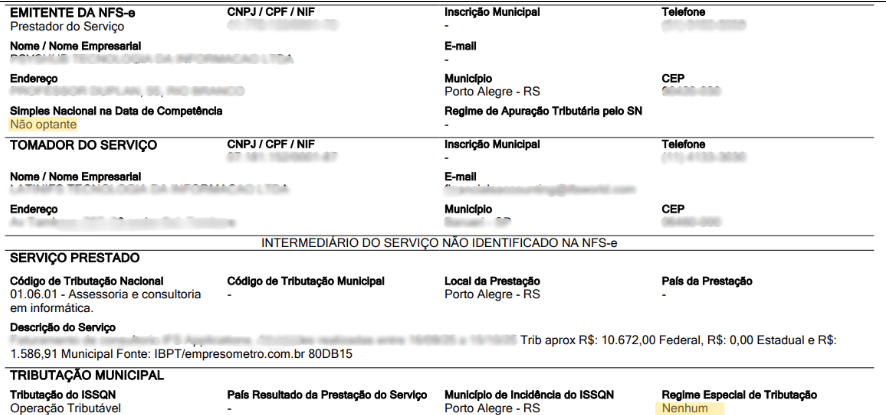 Tela do Portal Nacional com informações tributárias para empresa do Regime Normal.