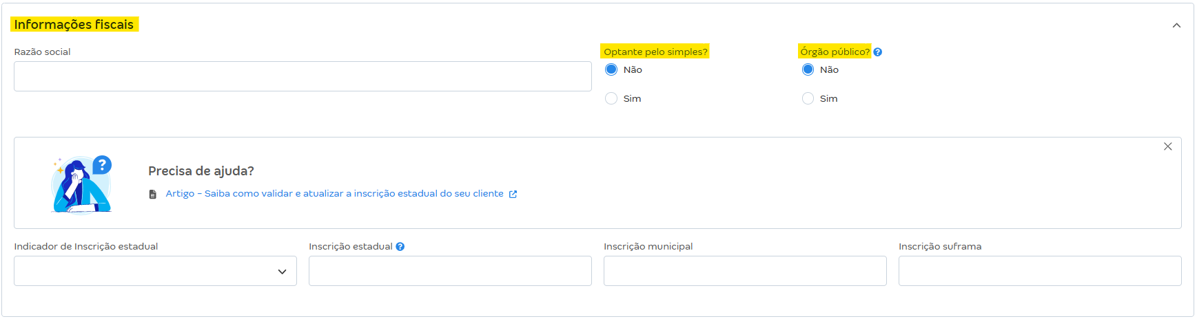 Tela de cadastro de cliente com destaque para os campos Optante pelo simples e Órgão público.