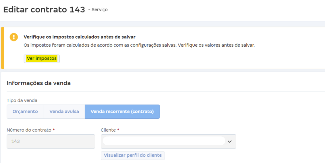 Tela de contratos com destaque para o botão Ver impostos.