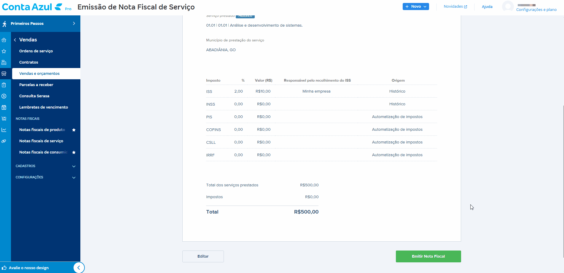 Passo a passo para emitir a NFS-e de uma venda com impostos já preenchidos.