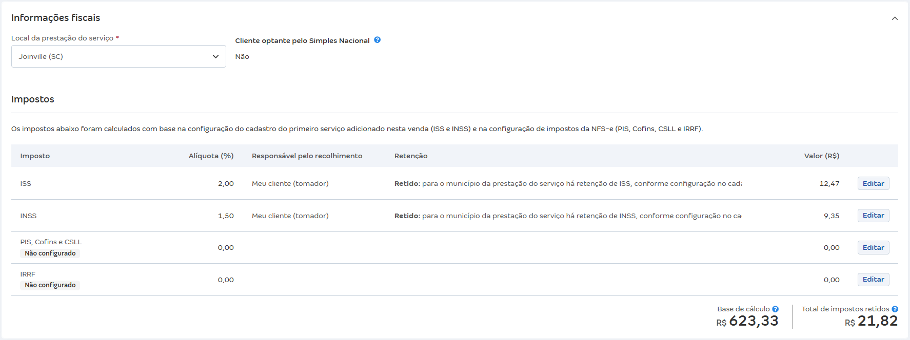 Tela da venda com destaque para impostos de serviços de empresa do Regime Normal com cliente do Regime Normal.