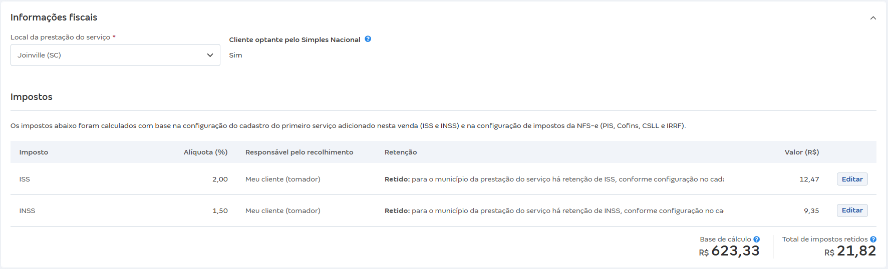 Tela da venda com destaque para impostos de serviços de empresa do Simples com cliente do Simples.