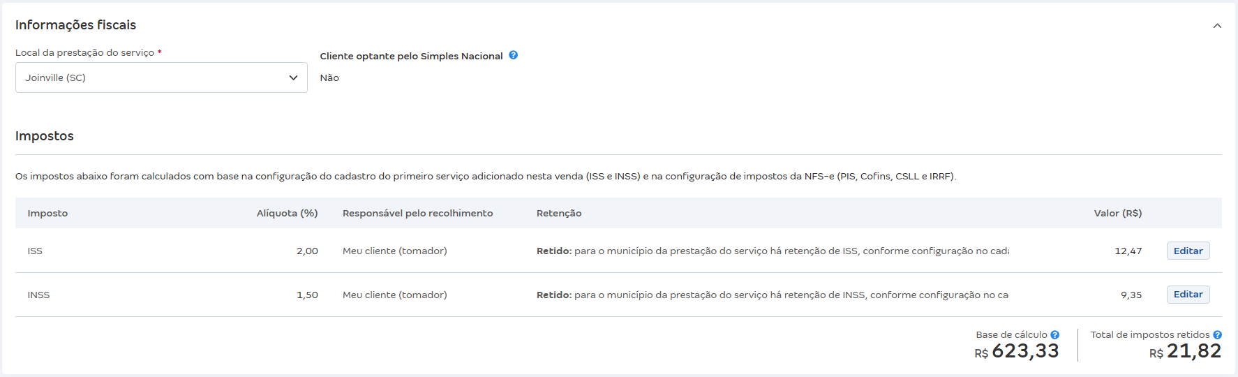 Tela da venda com destaque para impostos de serviços de empresa do Simples com cliente do Regime Normal.