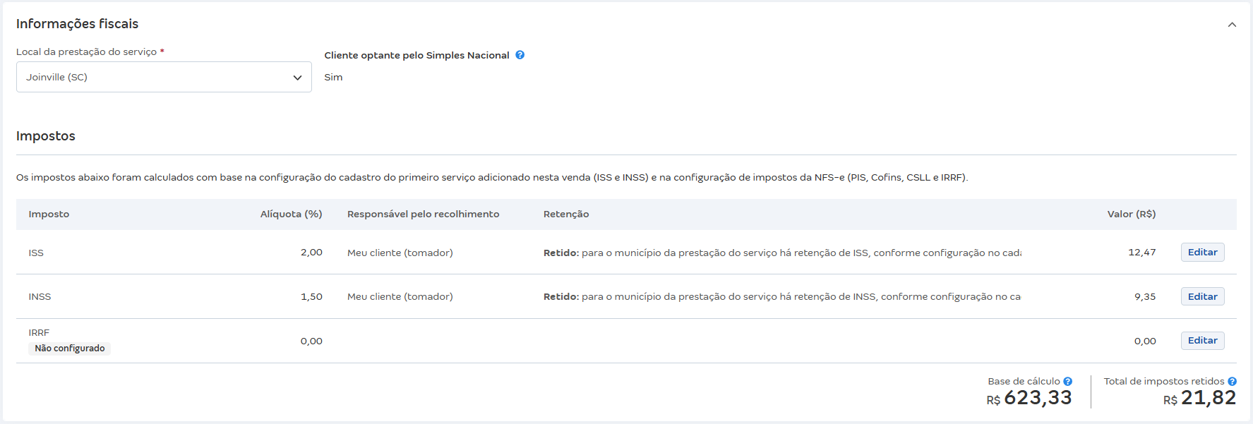 Tela da venda com destaque para impostos de serviços de empresa do Regime Normal com cliente do Simples.