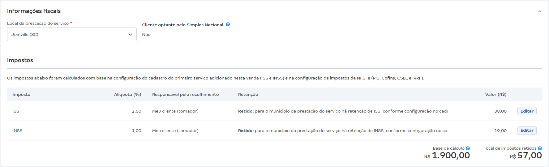 Tela da venda com destaque para impostos de serviços de empresa do Simples com cliente Órgão Público.