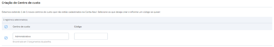 Tela de criação de Centro de custo.