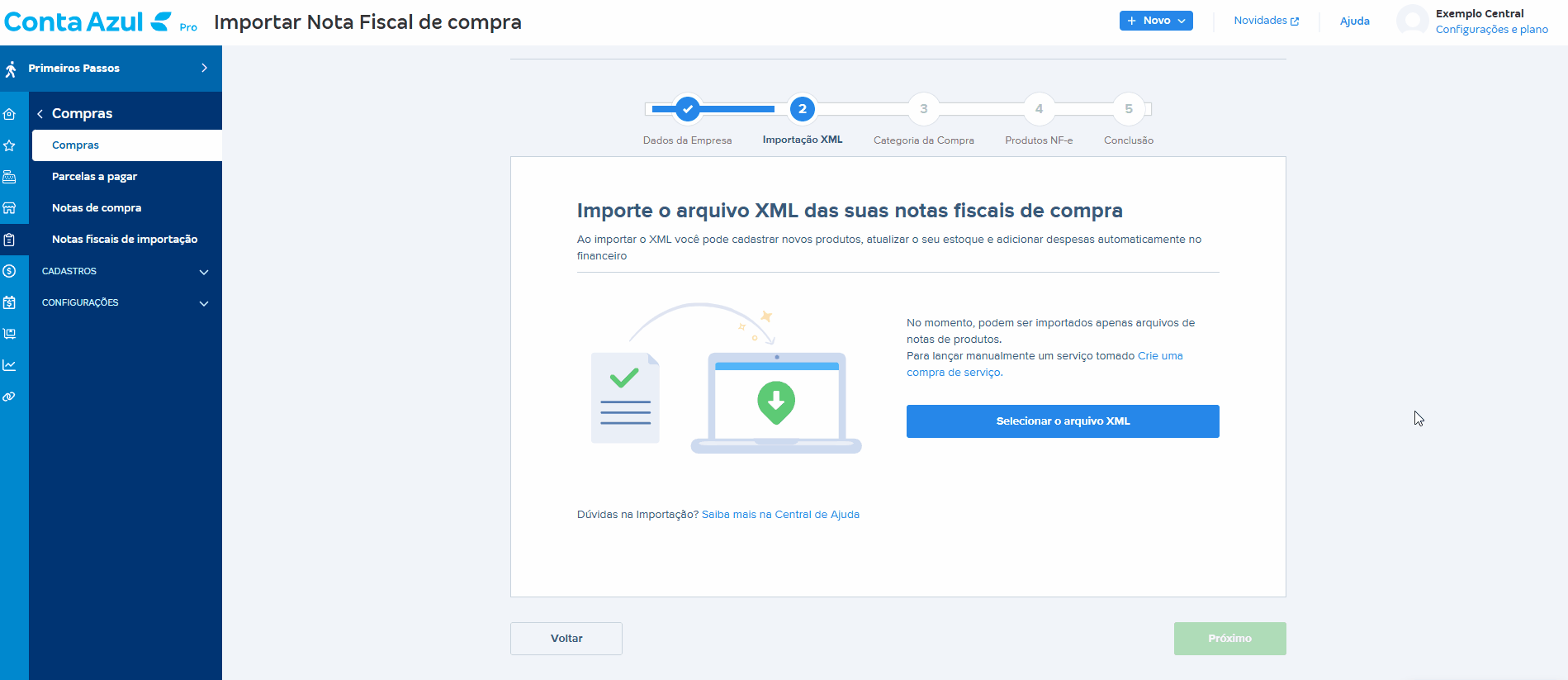 Passo a passo da importação manual do XML de compra.