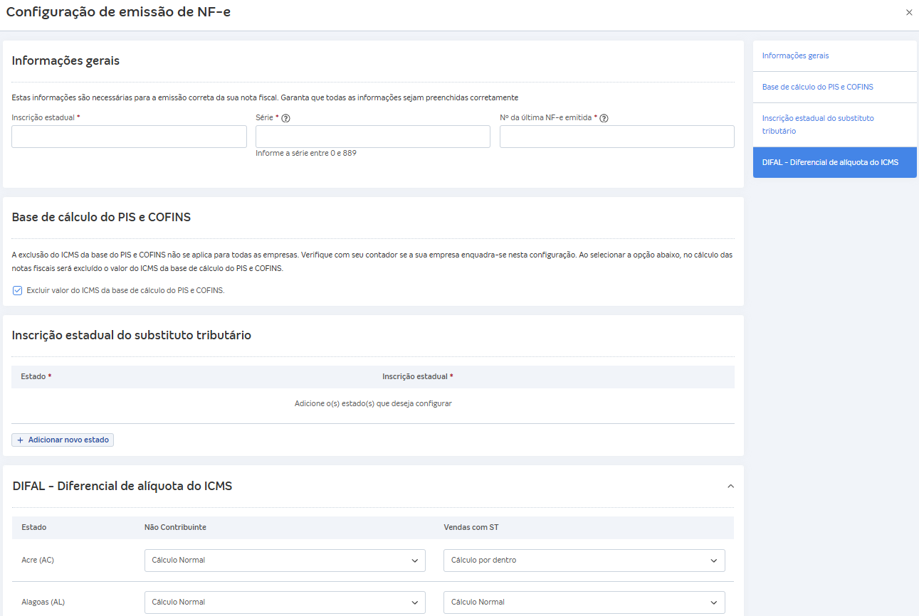Tela de configuração da NF-e com destaque para campos de ICMS, inscrição estadual e DIFAL.