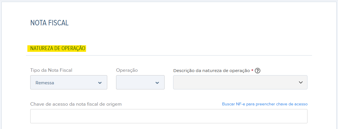 Tela de preenchimento da natureza de operação da nota de remessa.