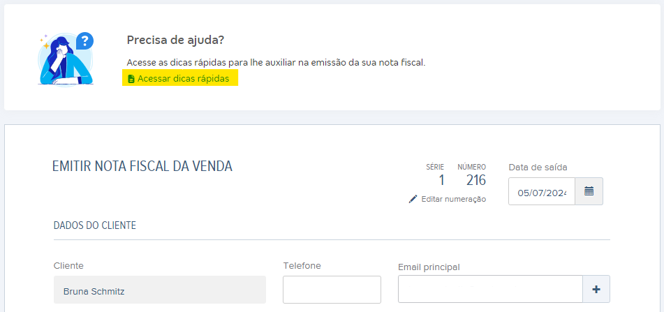Tela com atalho para Acessar dicas rápidas de emissão da nota fiscal de exportação.