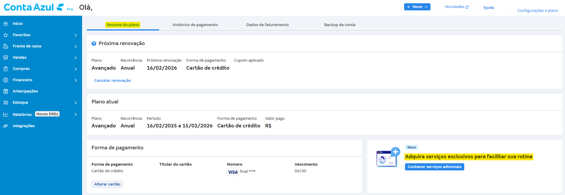 Resumo do plano com destaque para serviços adicionais.