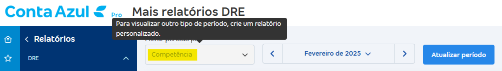 Tela de relatórios DRE com destaque para Filtrar período por.