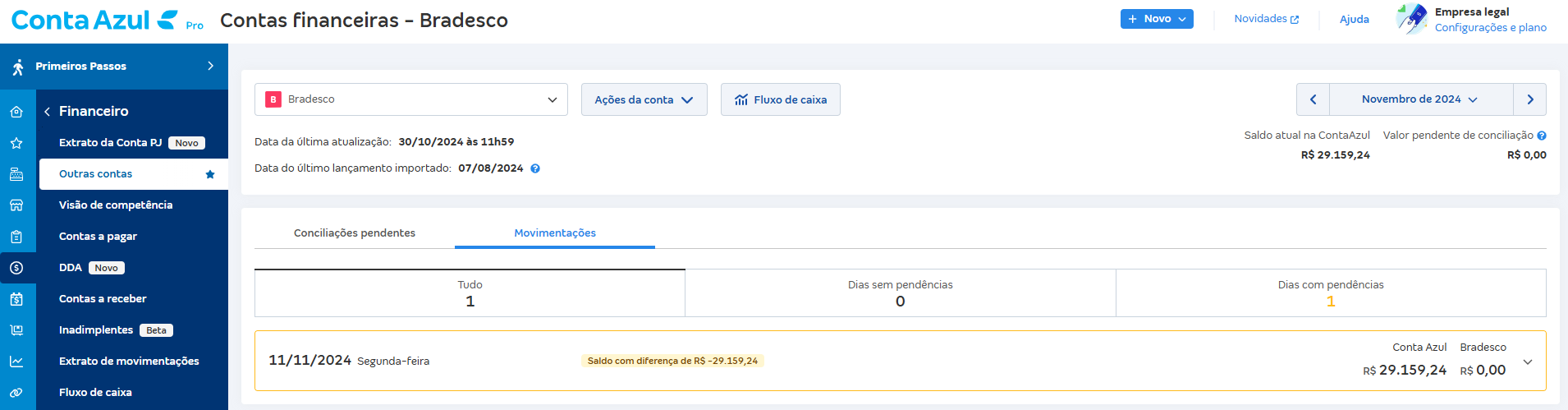 Tela de Movimentações com destaque para a mensagem Saldo com diferença de R$.
