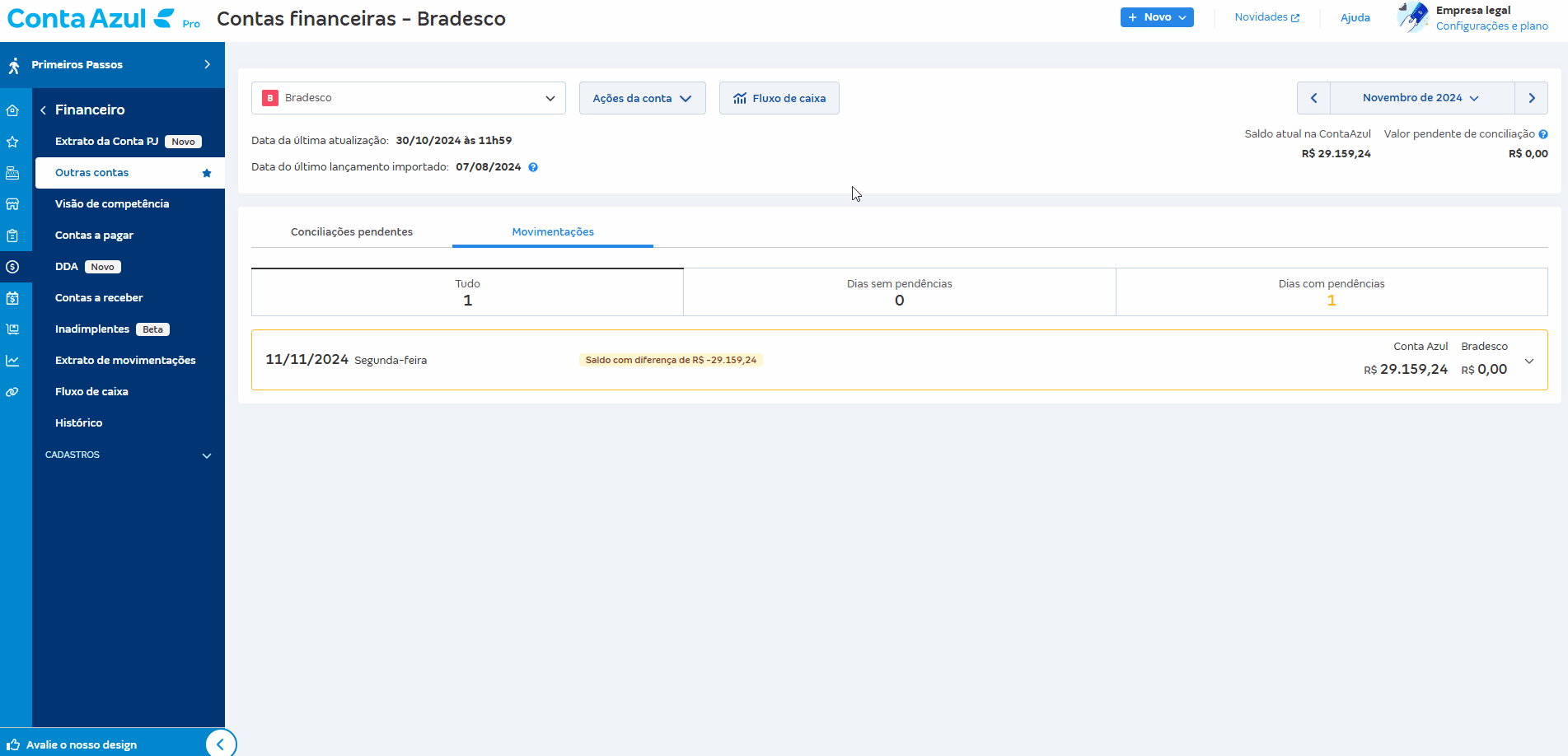 Passo a passo para encontrar a primeira data que apresenta diferença de saldo na tela de Movimentações.