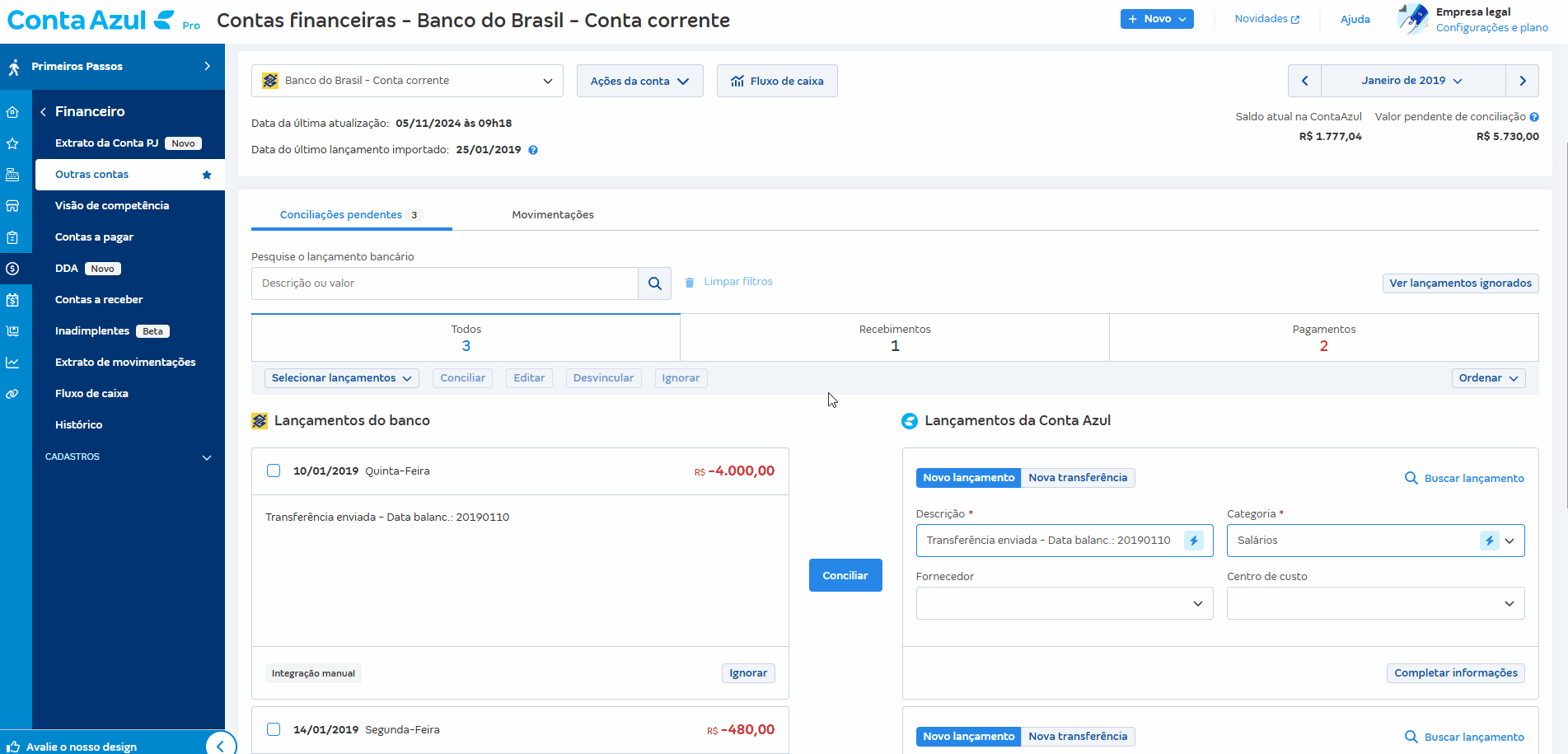 Passo a passo para selecionar, editar e conciliar lançamentos em lote.