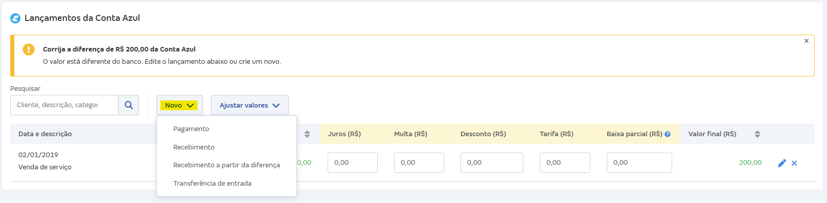 Tela de Revisar valores com botão Novo.