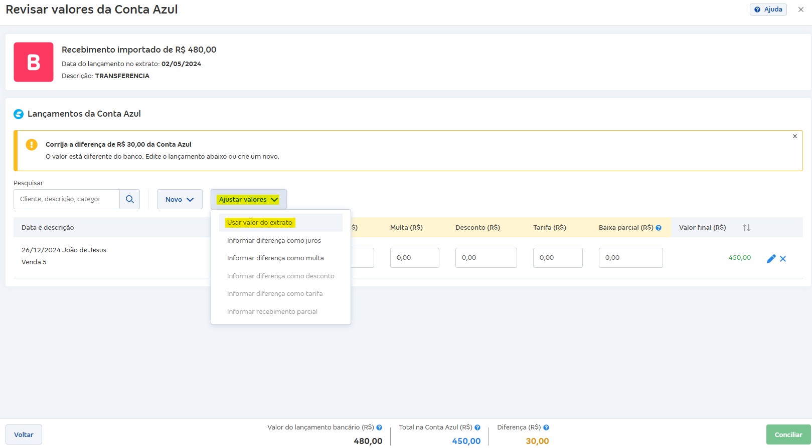 Tela de Revisar valores com destaque para os botões Ajustar valores e Usar valor do extrato.