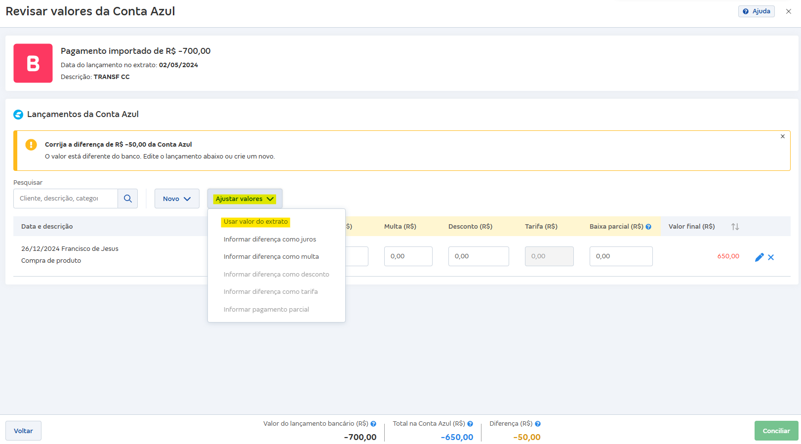 Tela de Revisar valores com destaque para os botões Ajustar valores e Usar valor do extrato.