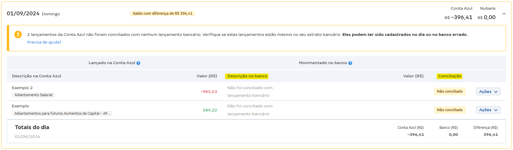 Tela de Movimentações com destaque para os campos Descrição no banco e Conciliação.