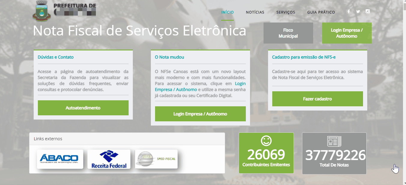 Tela de acesso ao portal da prefeitura no padrão Abaco.