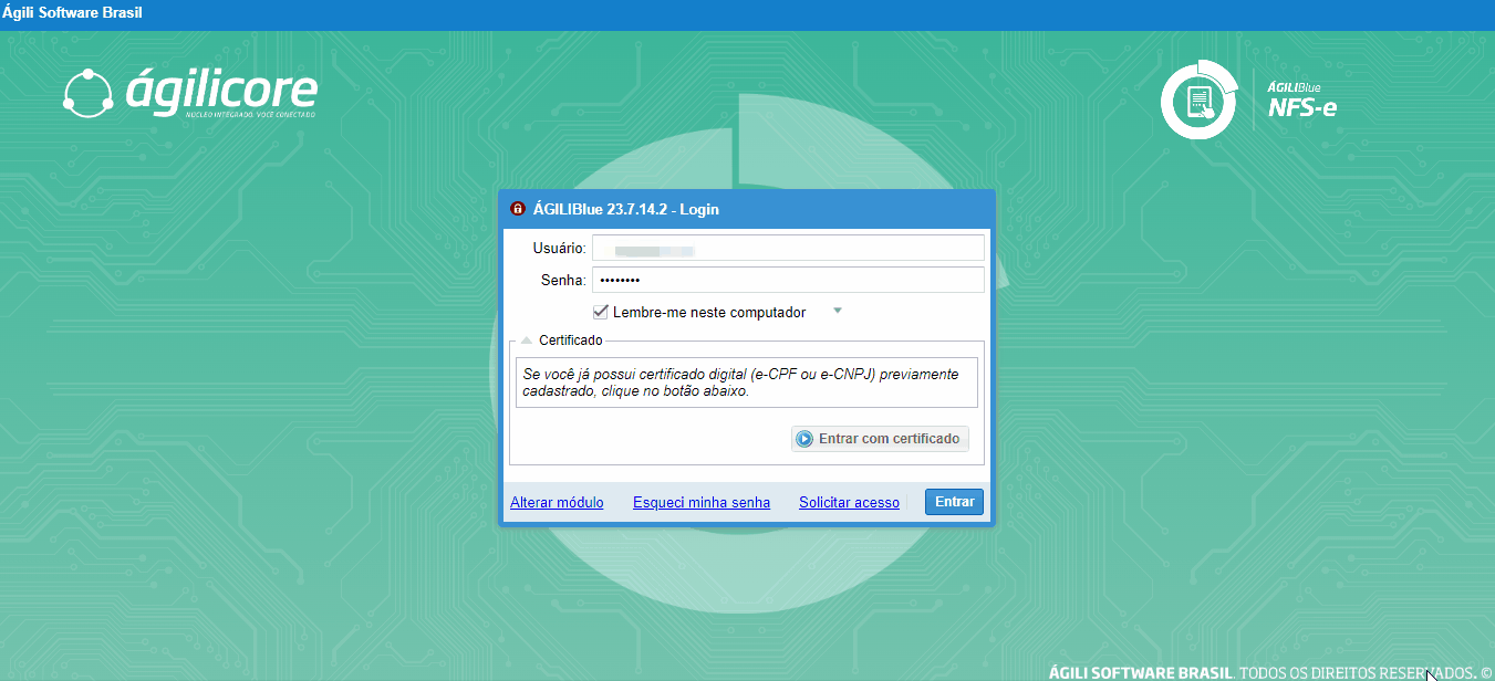 Tela de login no portal da prefeitura no padrão Ágili.