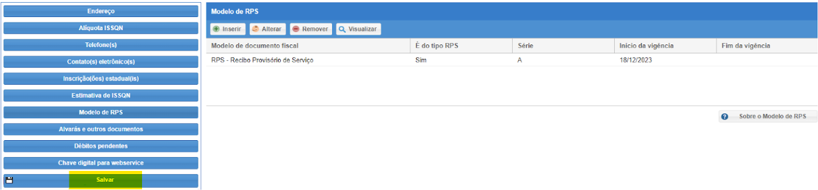 Tela para concluir a inserção do Modelo de RPS no portal da prefeitura no padrão Ágili.