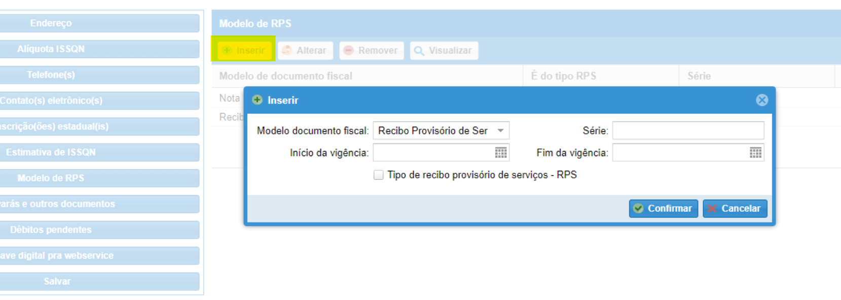 Tela para inserir nova Série do RPS no portal da prefeitura no padrão Ágili.