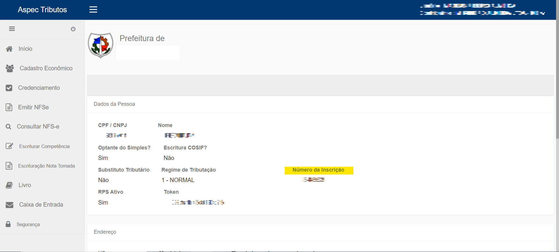 Tela para consulta da Inscrição Municipal no portal da prefeitura no padrão Aspec.