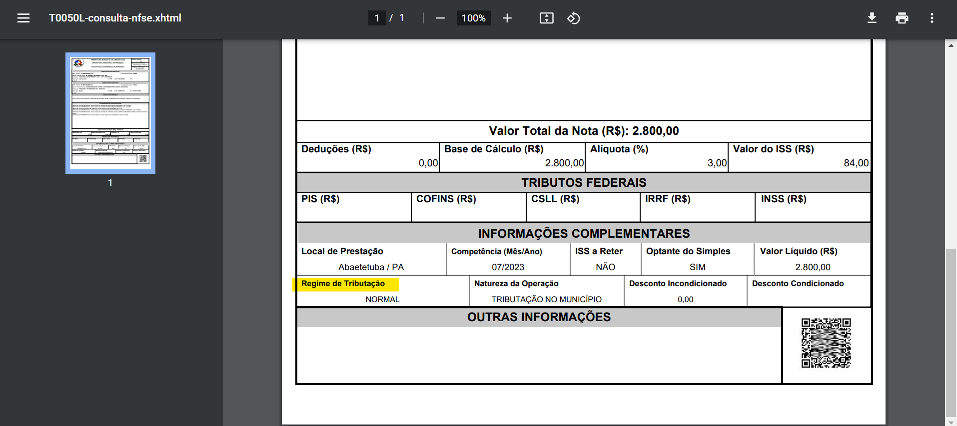 Tela para consulta do Regime especial de tributação no portal da prefeitura no padrão Aspec.