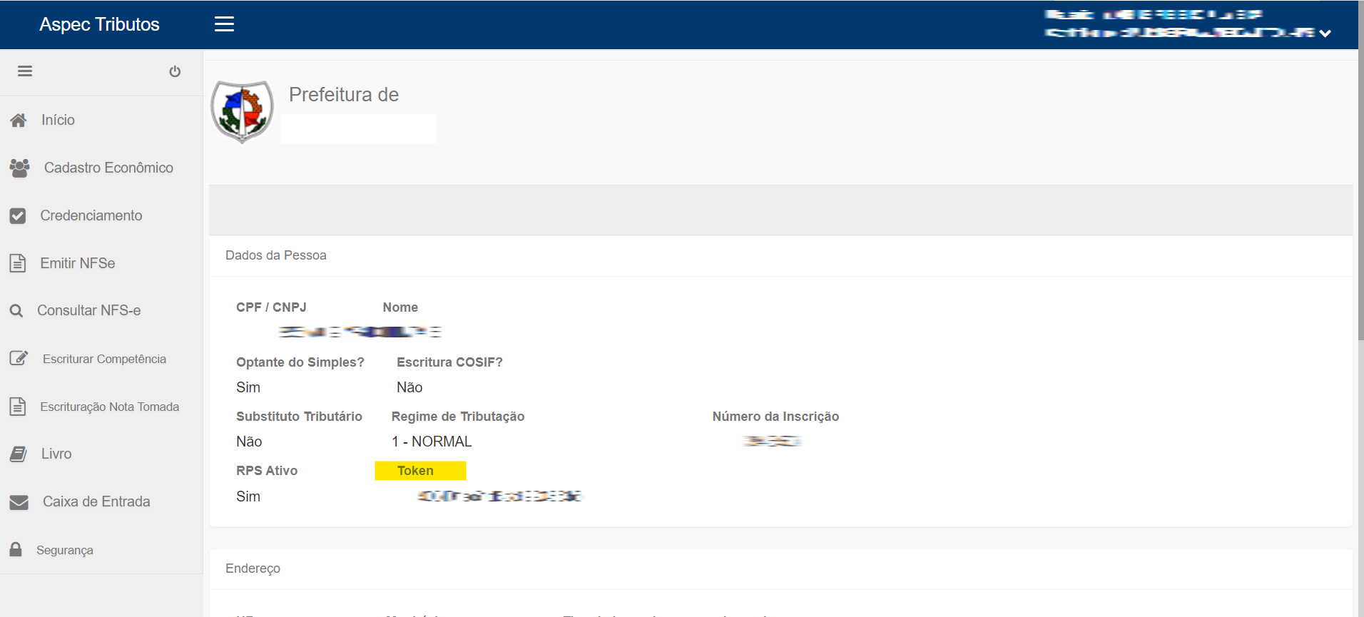 Tela para consulta do Token no portal da prefeitura no padrão Aspec.