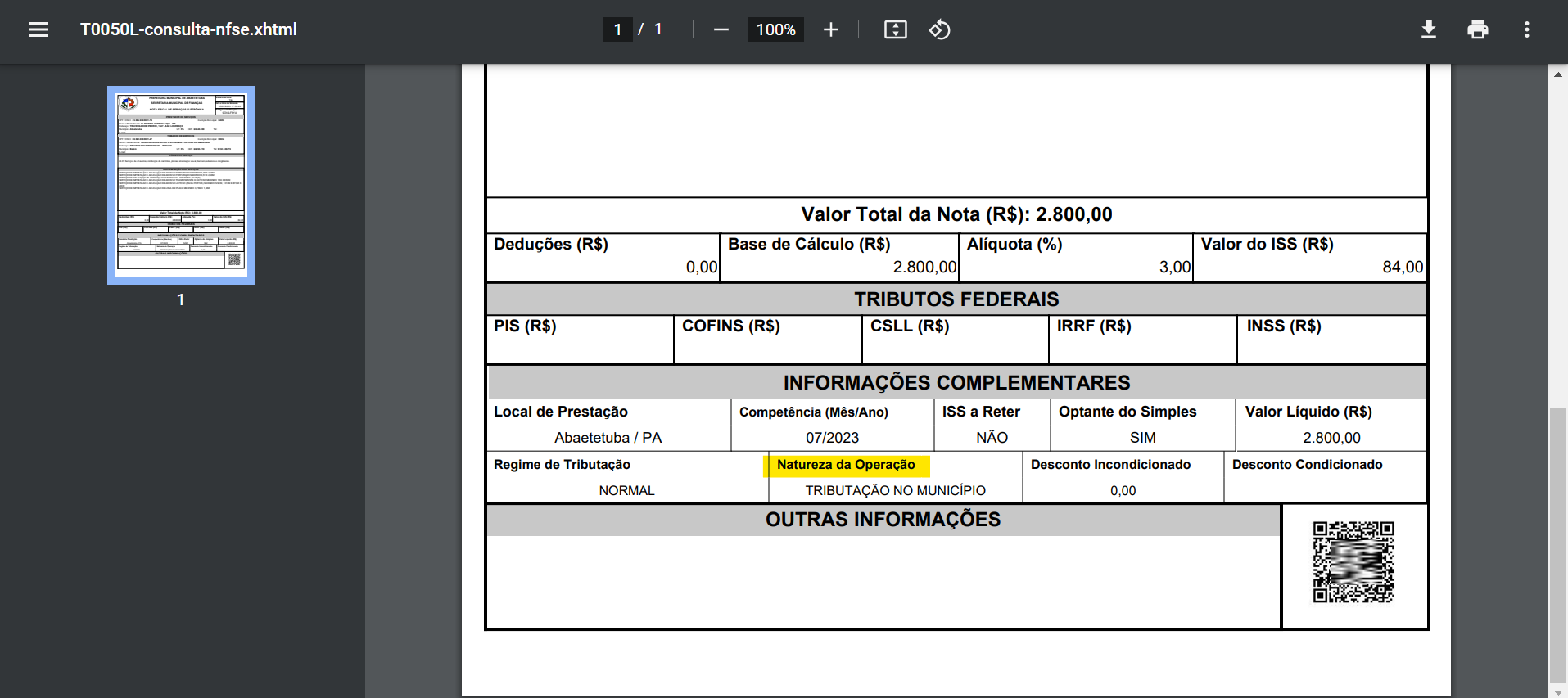Tela para consulta da Natureza de operação no portal da prefeitura no padrão Aspec.