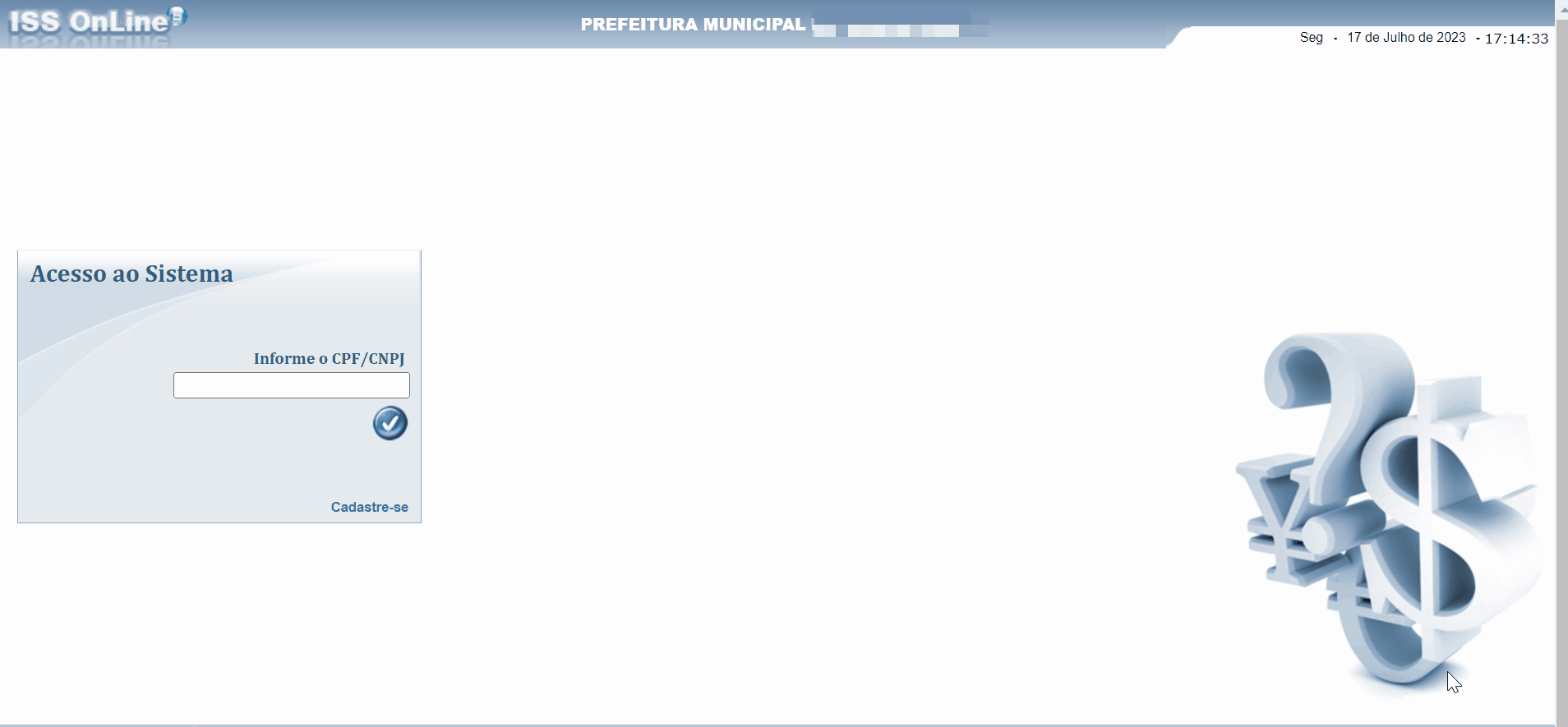 Tela de login no portal da prefeitura no padrão Assessor Público (ISS Online).