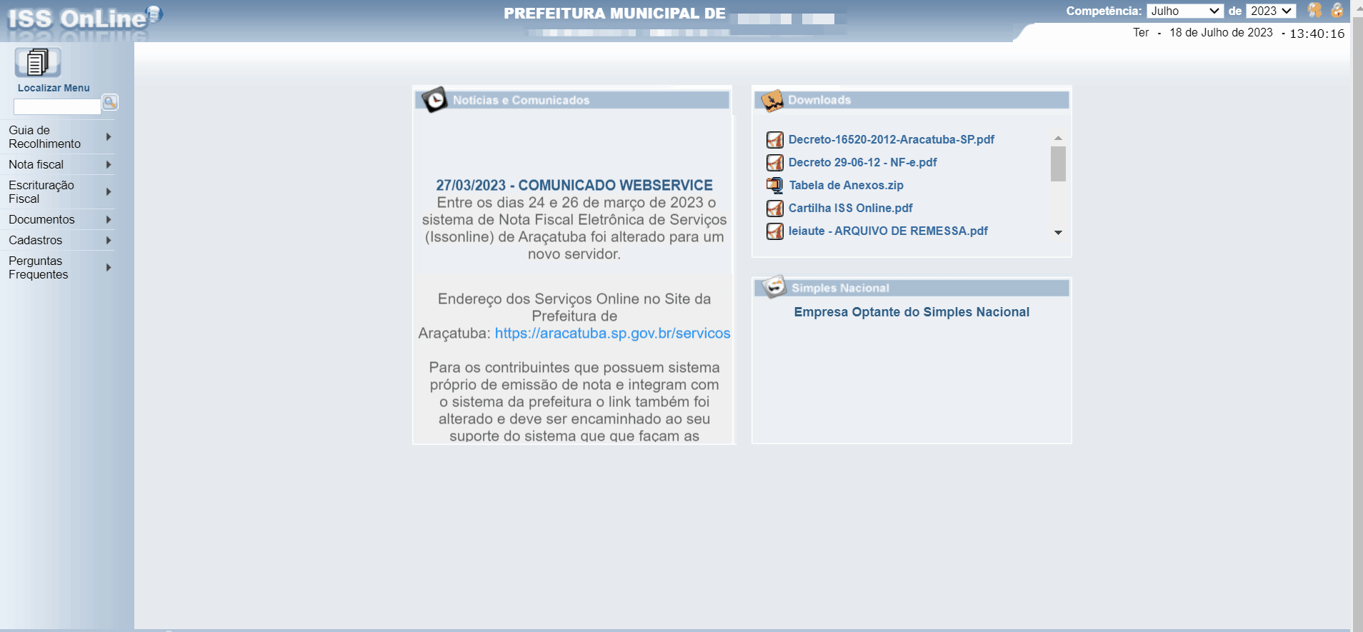 Tela para consulta do Código do ISSQN no portal da prefeitura no padrão Assessor Público (ISS Online).