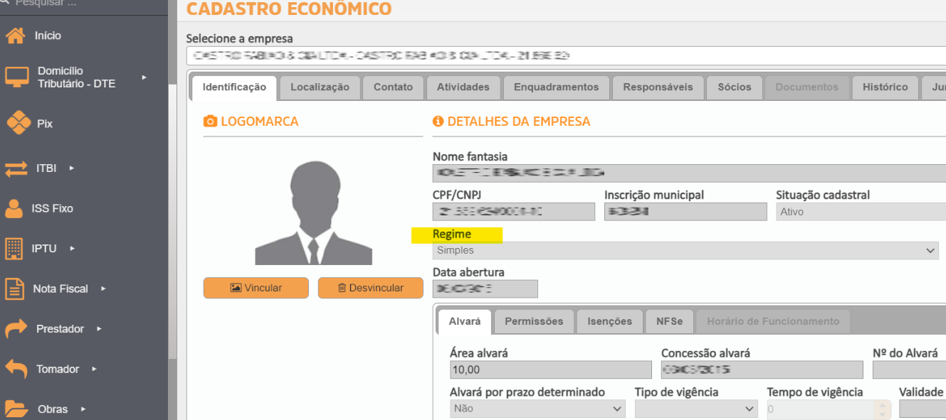 Tela para consulta do Regime especial de tributação no portal da prefeitura no padrão Asten.
